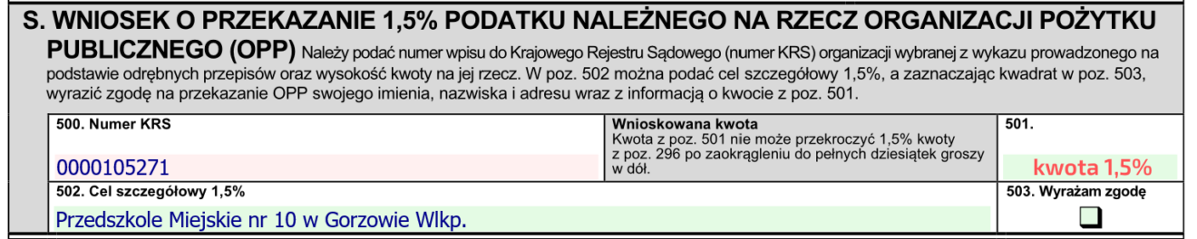 Przykład wypełnienia deklaracji podatku rocznego ze wskazaniem Przedszkola Miejskiego nr 10 w Gorzowie Wlkp.